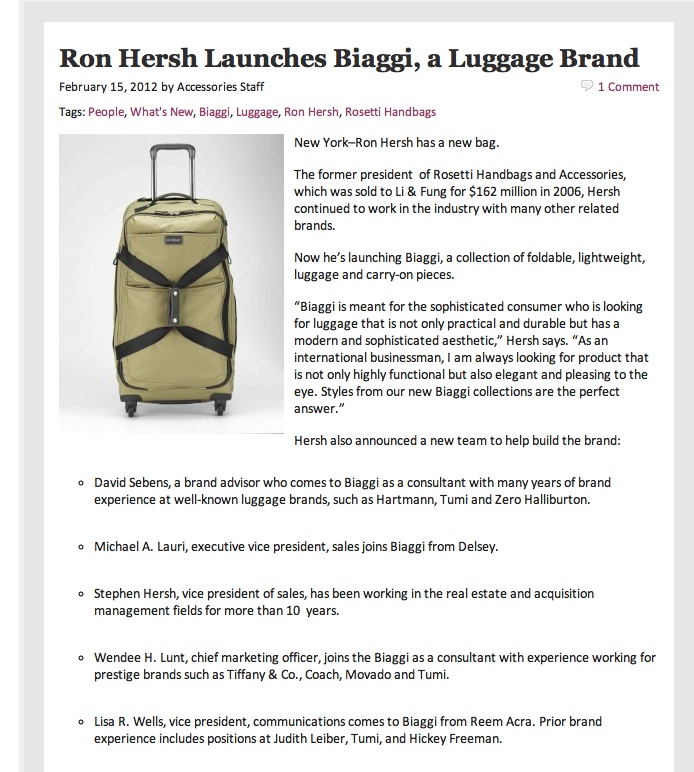 Biaggi luggage launch in Accessories magazine